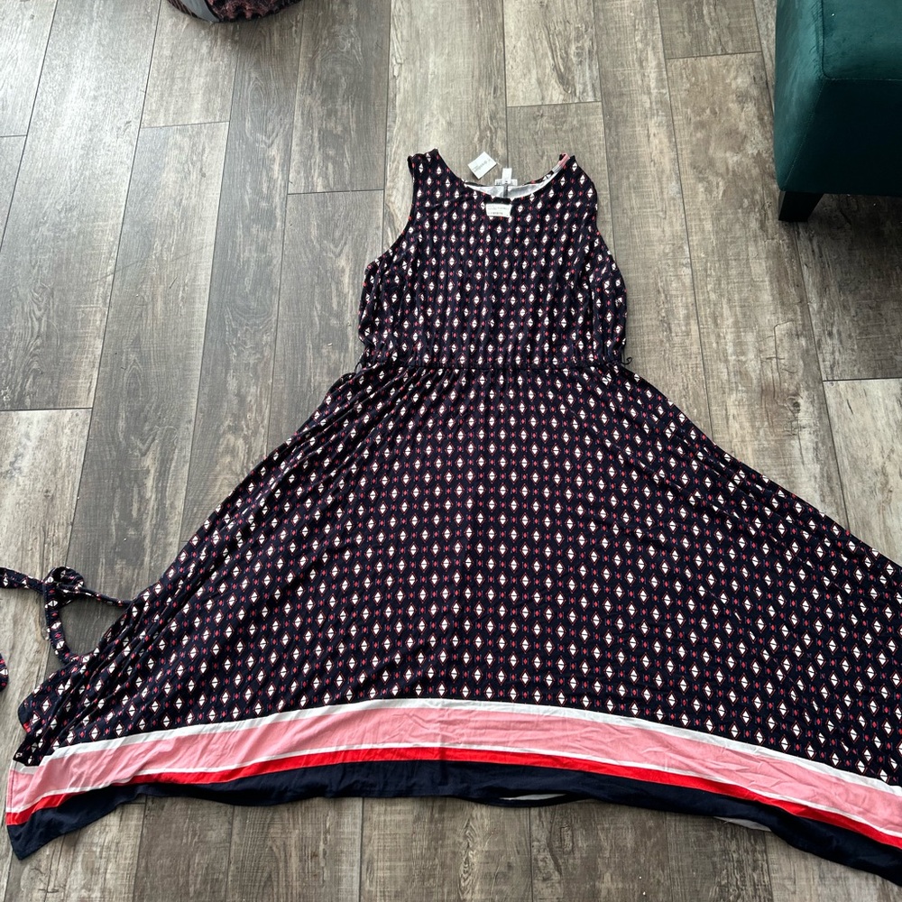 Navy Floral Sleeveless Maxi Dress with Pink Stripe Hem Size Large  CR1